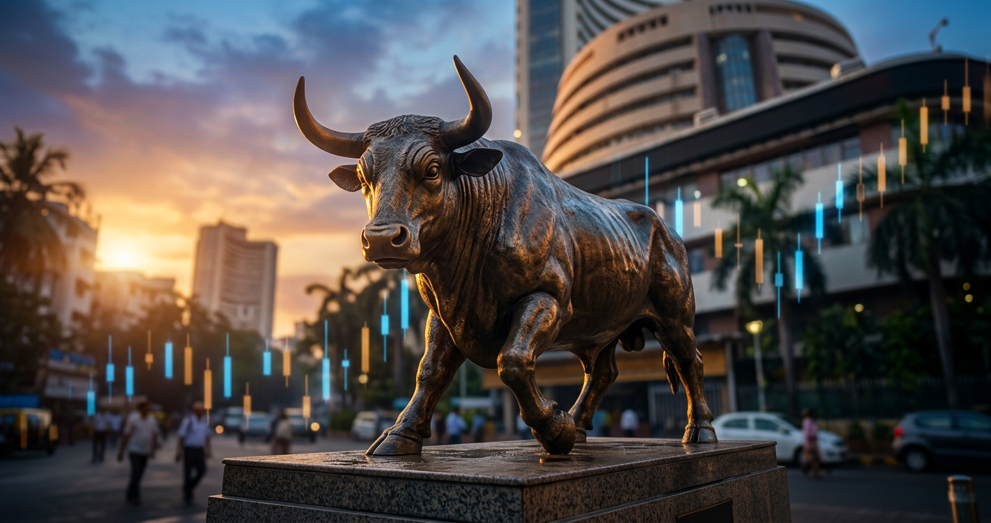 The iconic bronze bull of the Bombay Stock Exchange沐浴s 'in morning light, signifying a positive start to the trading day for Indian markets on June 23, 2026.