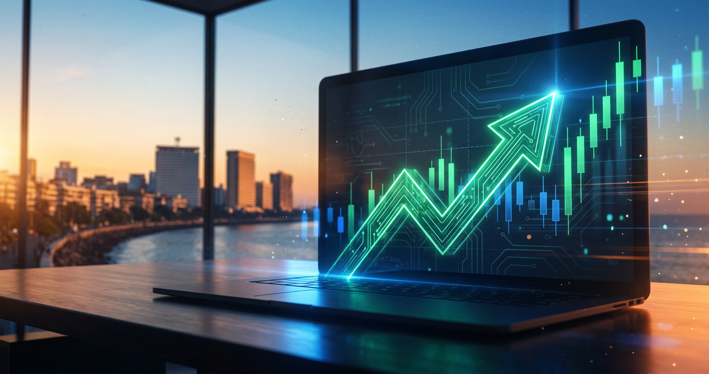 A digital representation of a bullish stock market open, with a green arrow indicating positive momentum.