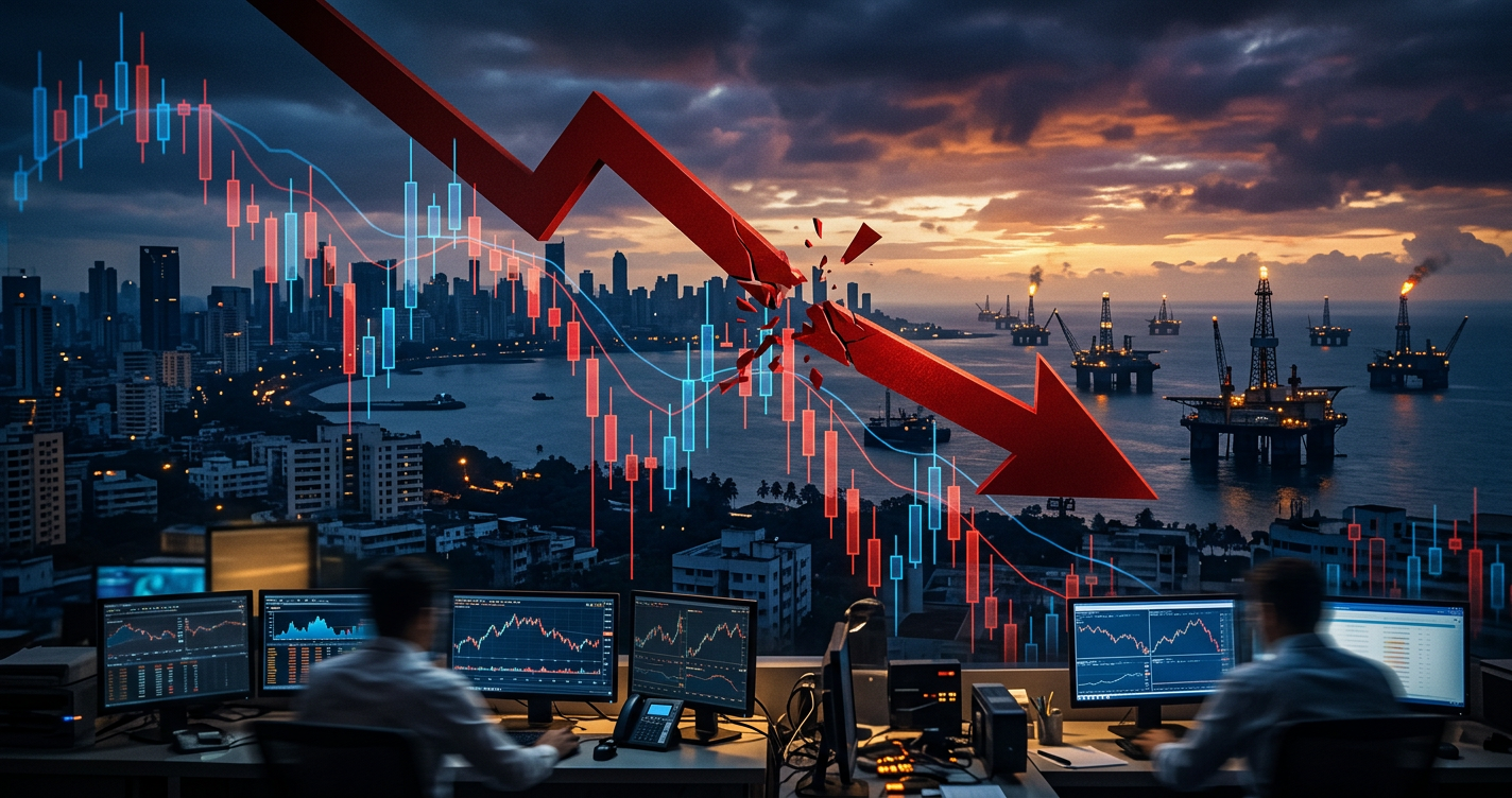 A conceptual image illustrating a bearish stock market trend influenced by rising crude oil prices due to geopolitical risks.