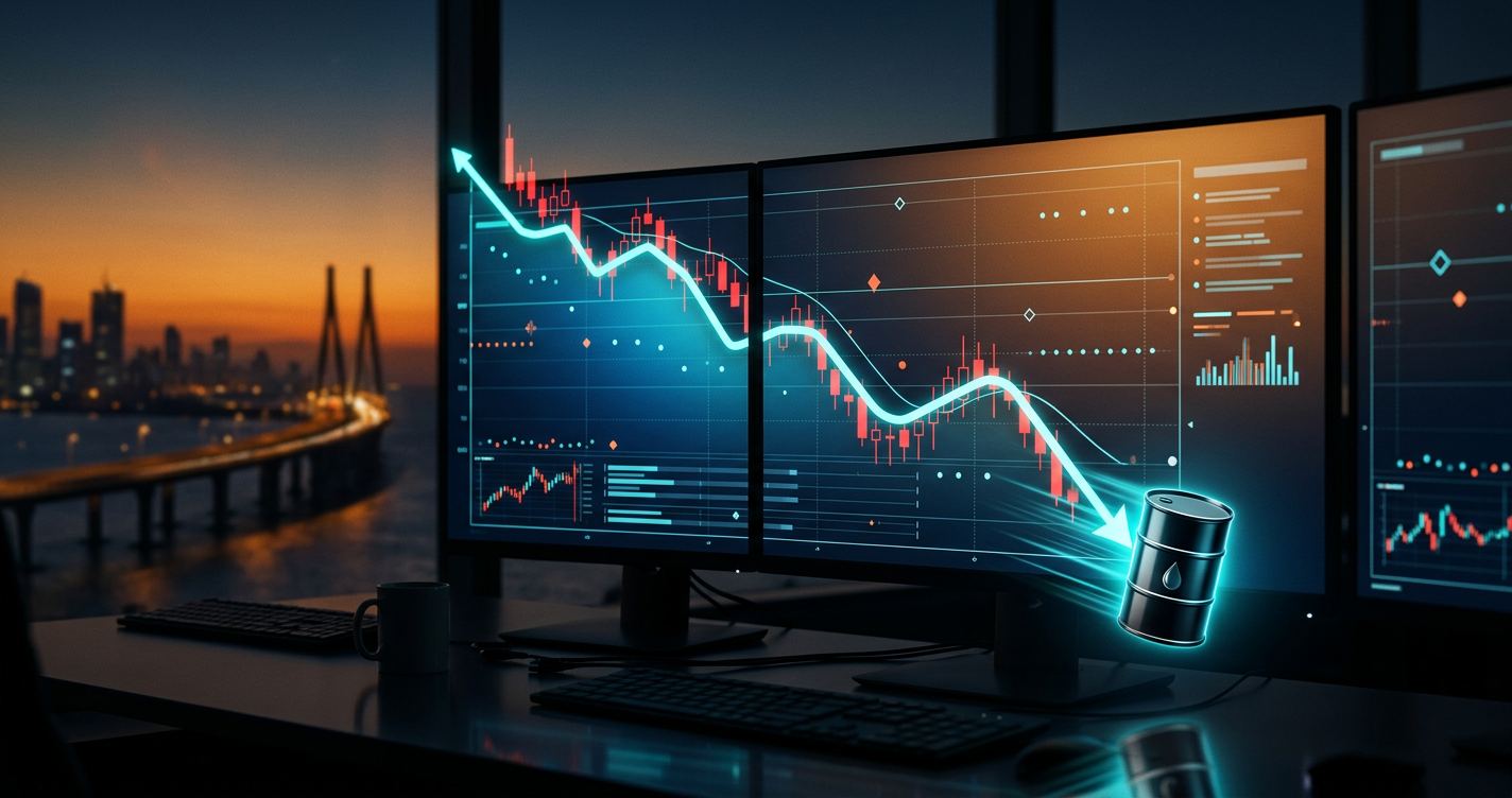 A digital screen showing a falling stock market chart next to a rising oil price indicator, suggesting a negative market open.