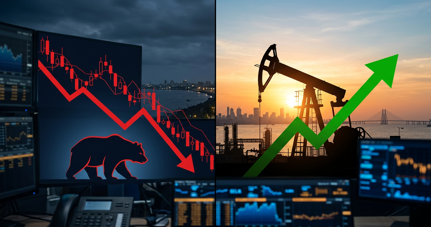 A conceptual image of a bearish stock market trend and rising oil prices, indicating key themes for the Indian market on September 7, 2026.